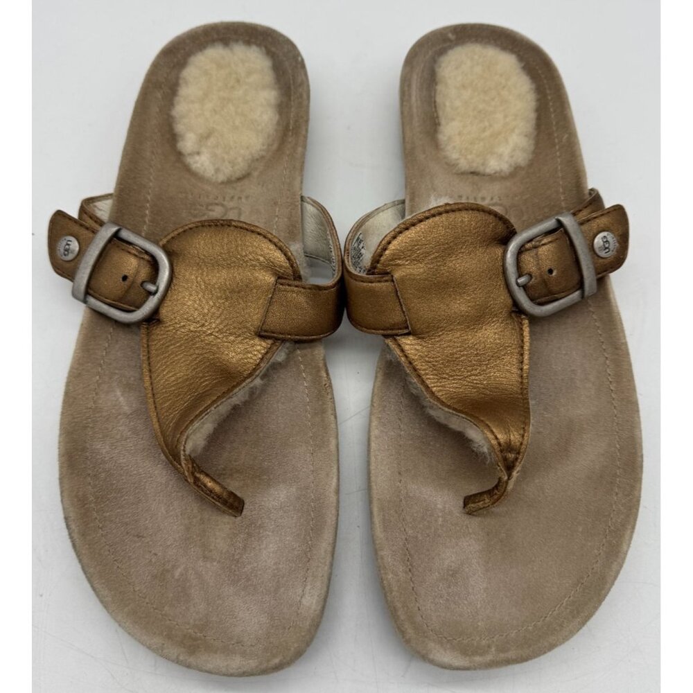 UGG Australia Women's Thong Buckle Sandals Slipper Faux Fur Summer Size 10 Tan